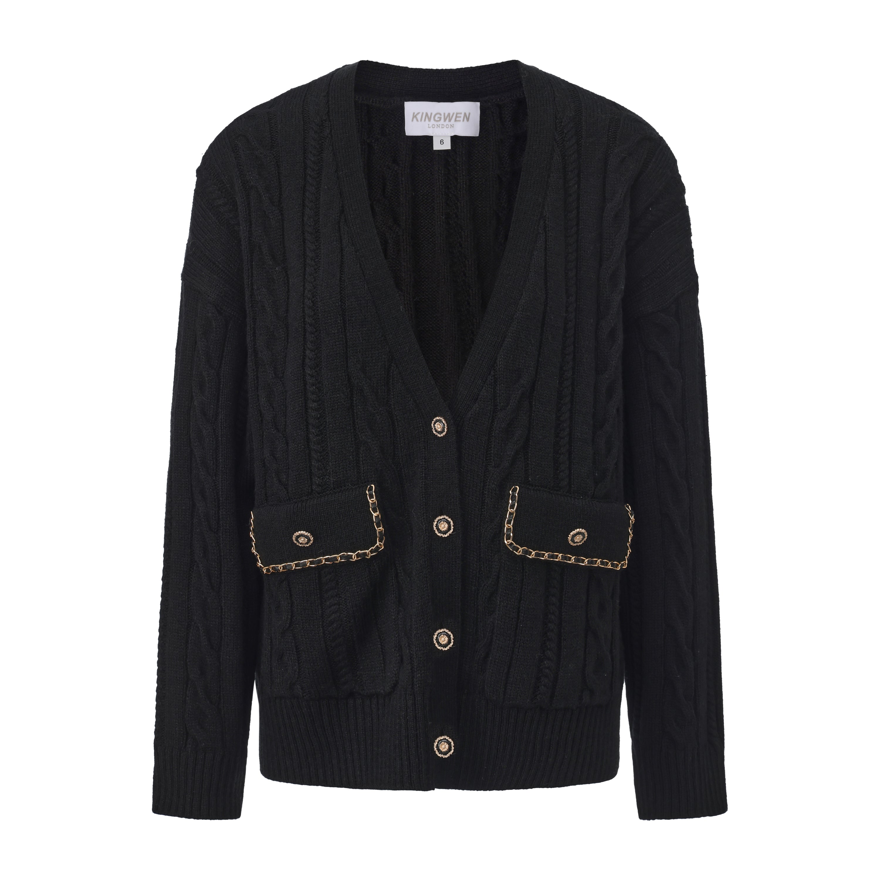 Black Oversized Knit Chain Detail Gold Button Cardigan Coat