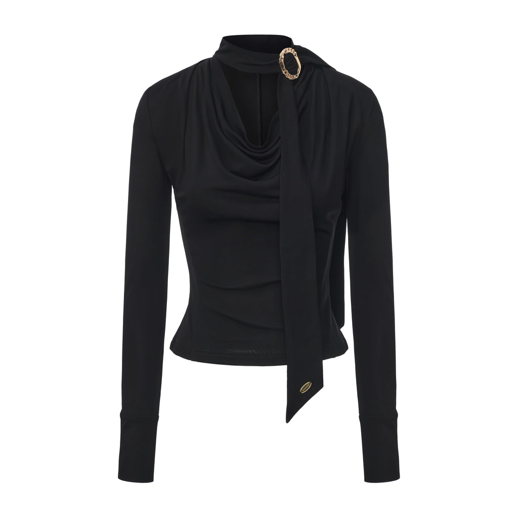 Black Cowl Neck Gold Button Ribbon Blouse