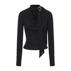 Black Cowl Neck Gold Button Ribbon Blouse