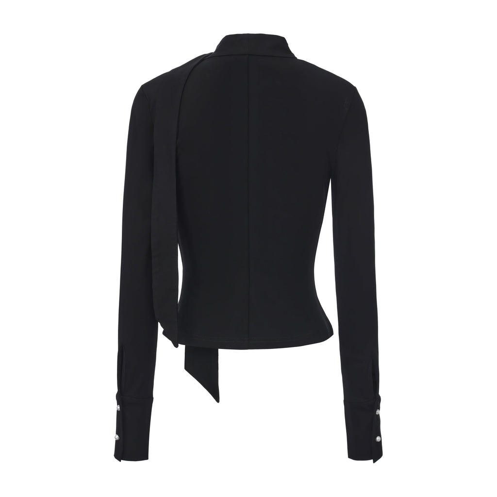 Black Cowl Neck Gold Button Ribbon Blouse