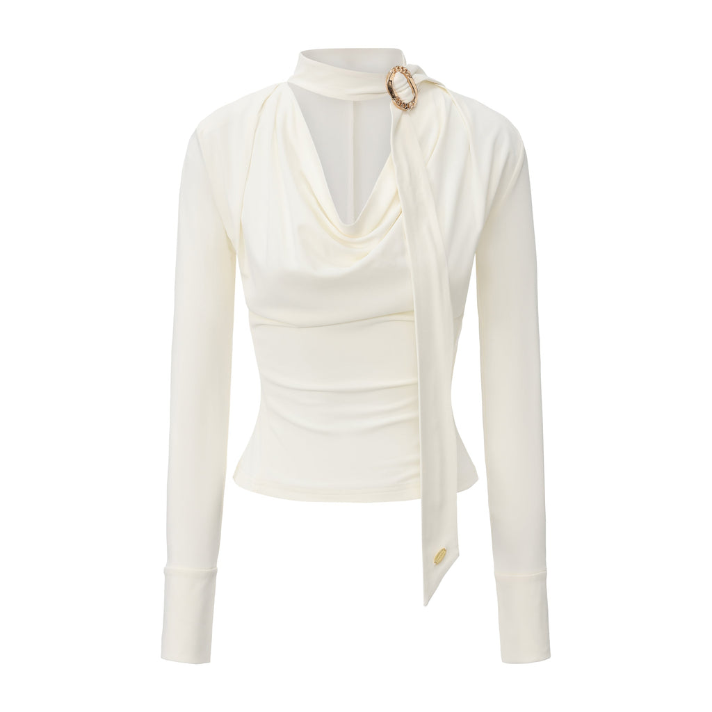 White Cowl Neck Gold Button Ribbon Blouse