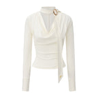 White Cowl Neck Gold Button Ribbon Blouse