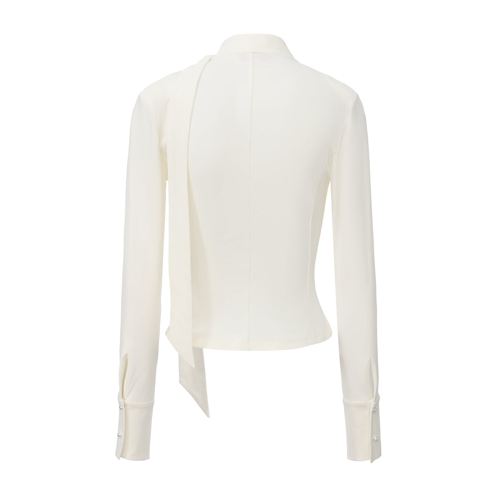 White Cowl Neck Gold Button Ribbon Blouse