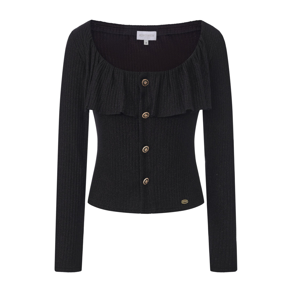 Black Silver Thread U-Neck Lace Trim Knit Cardigan