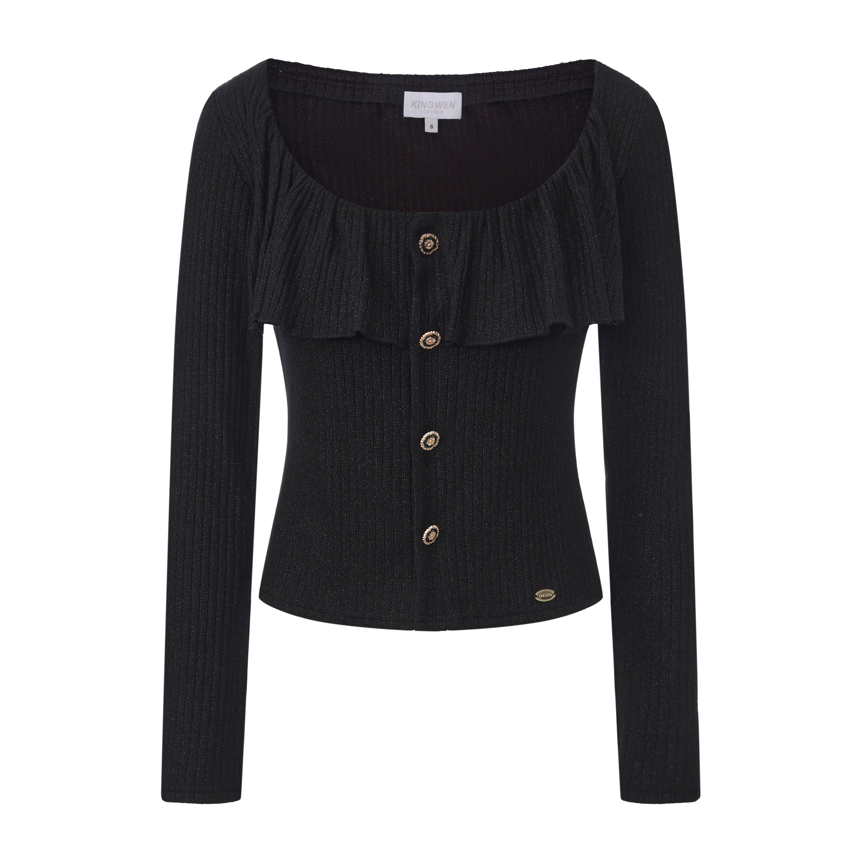 Black Silver Thread U-Neck Lace Trim Knit Cardigan
