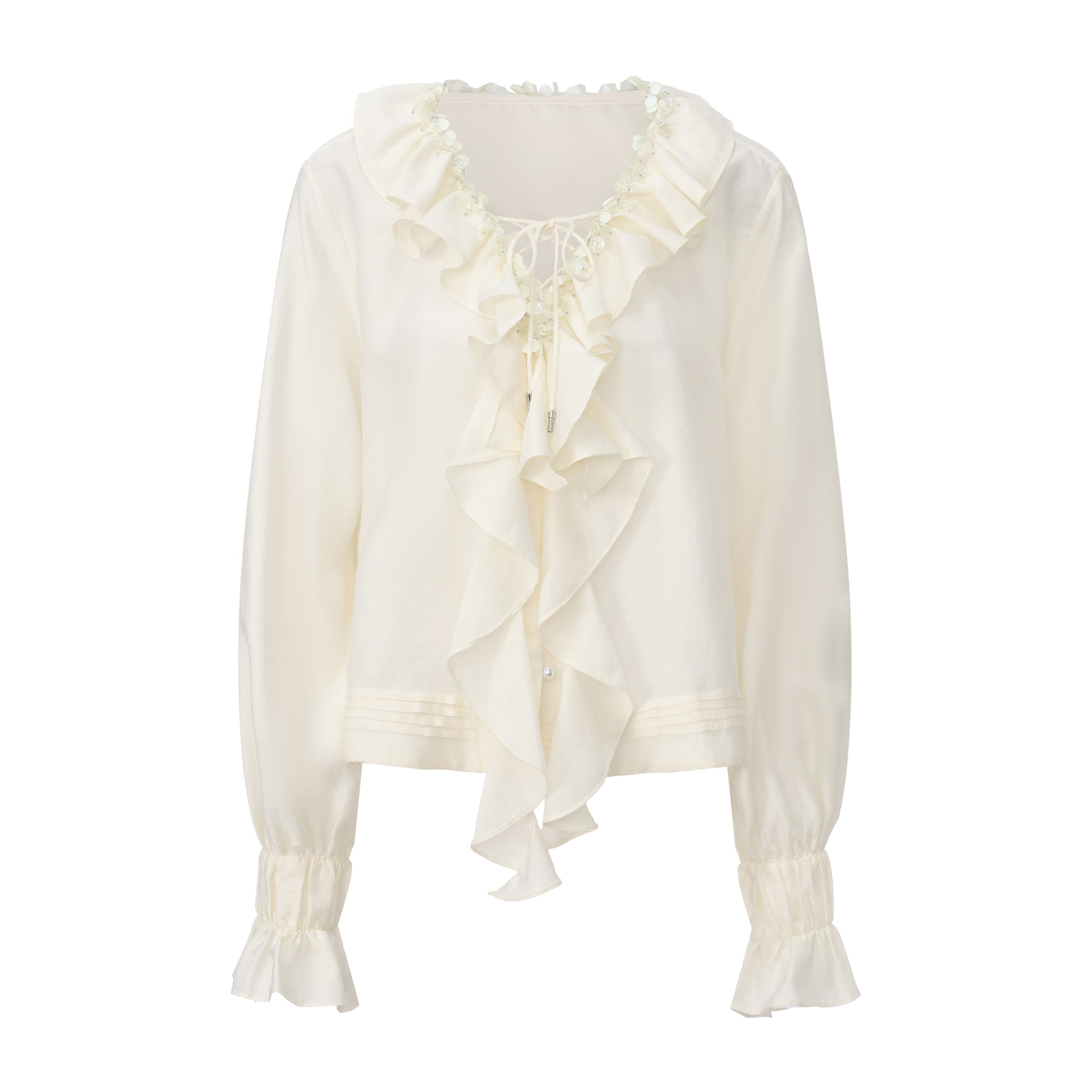Oversized V-Neck Tie Top with Sequin Ruffle Trim