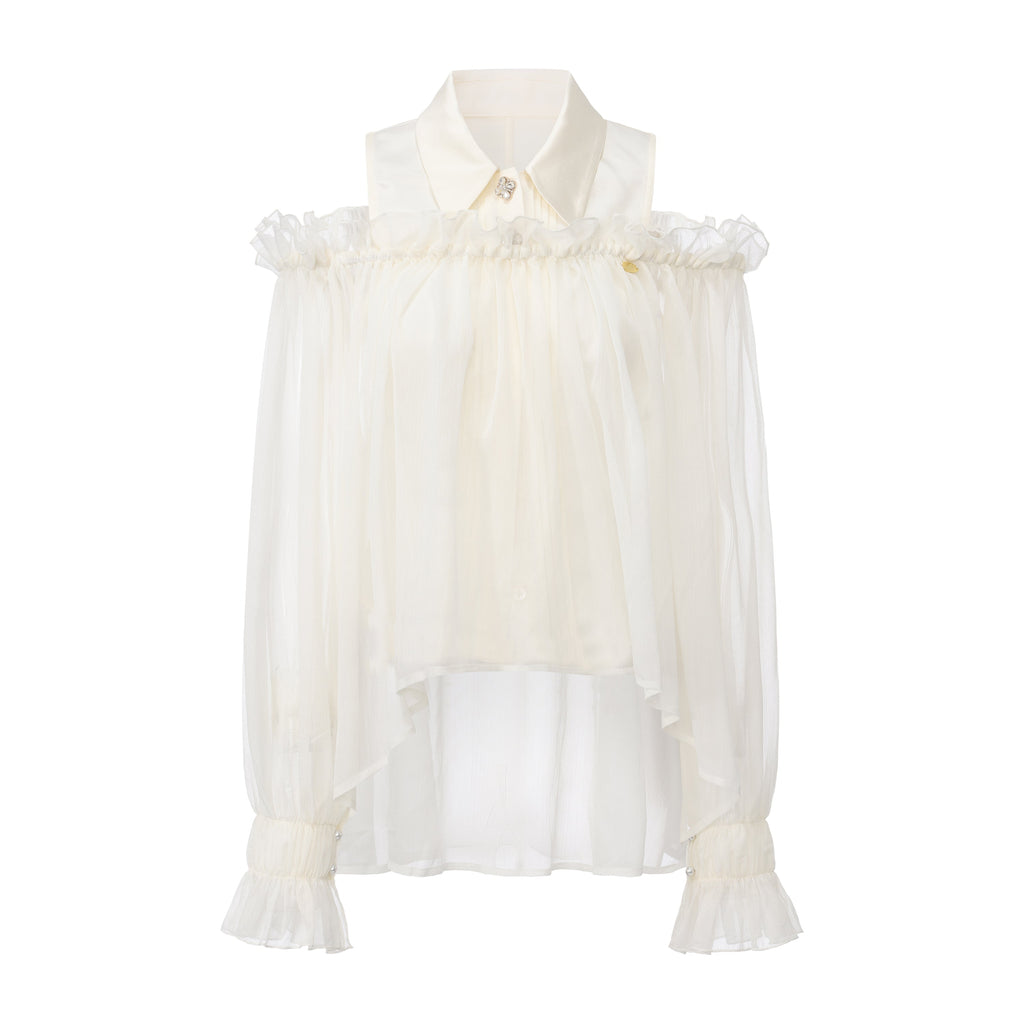 White Off-Shoulder Glitter Mesh Twin Set Top