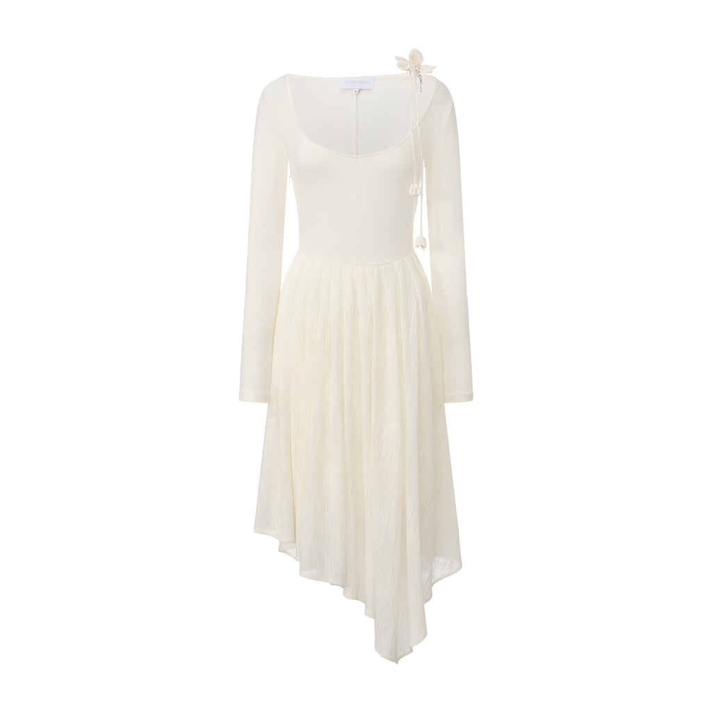 White U-Neck Long-Sleeve Panel Dress with Iris Floral Tie