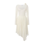 White U-Neck Long-Sleeve Panel Dress with Iris Floral Tie