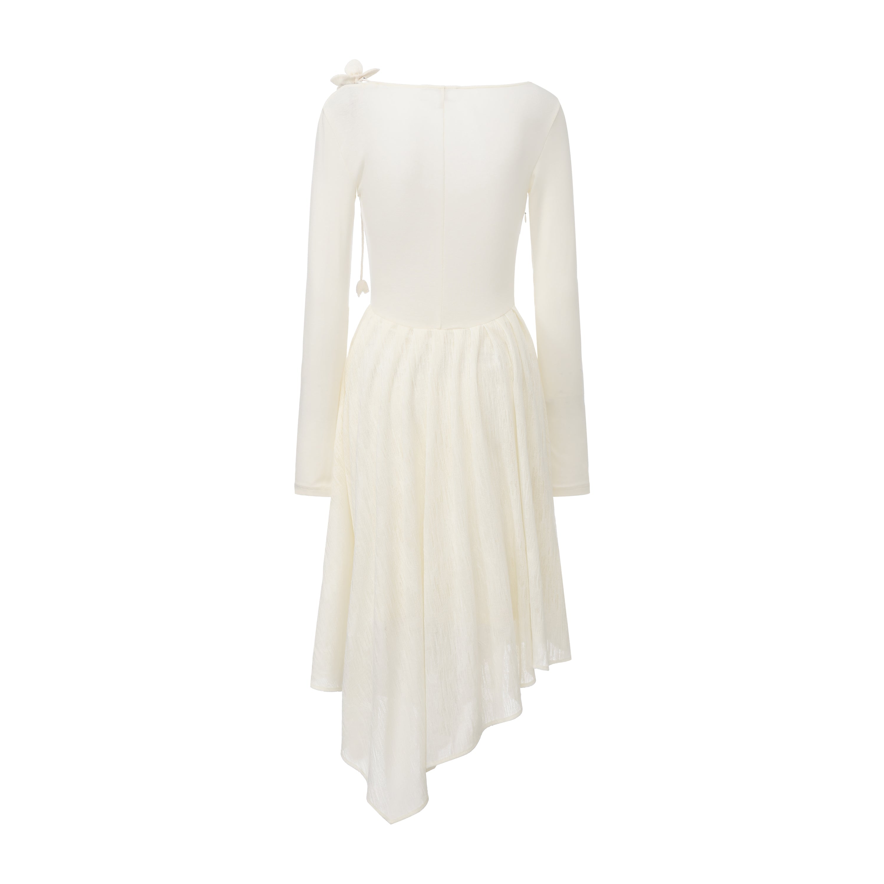 White U-Neck Long-Sleeve Panel Dress with Iris Floral Tie