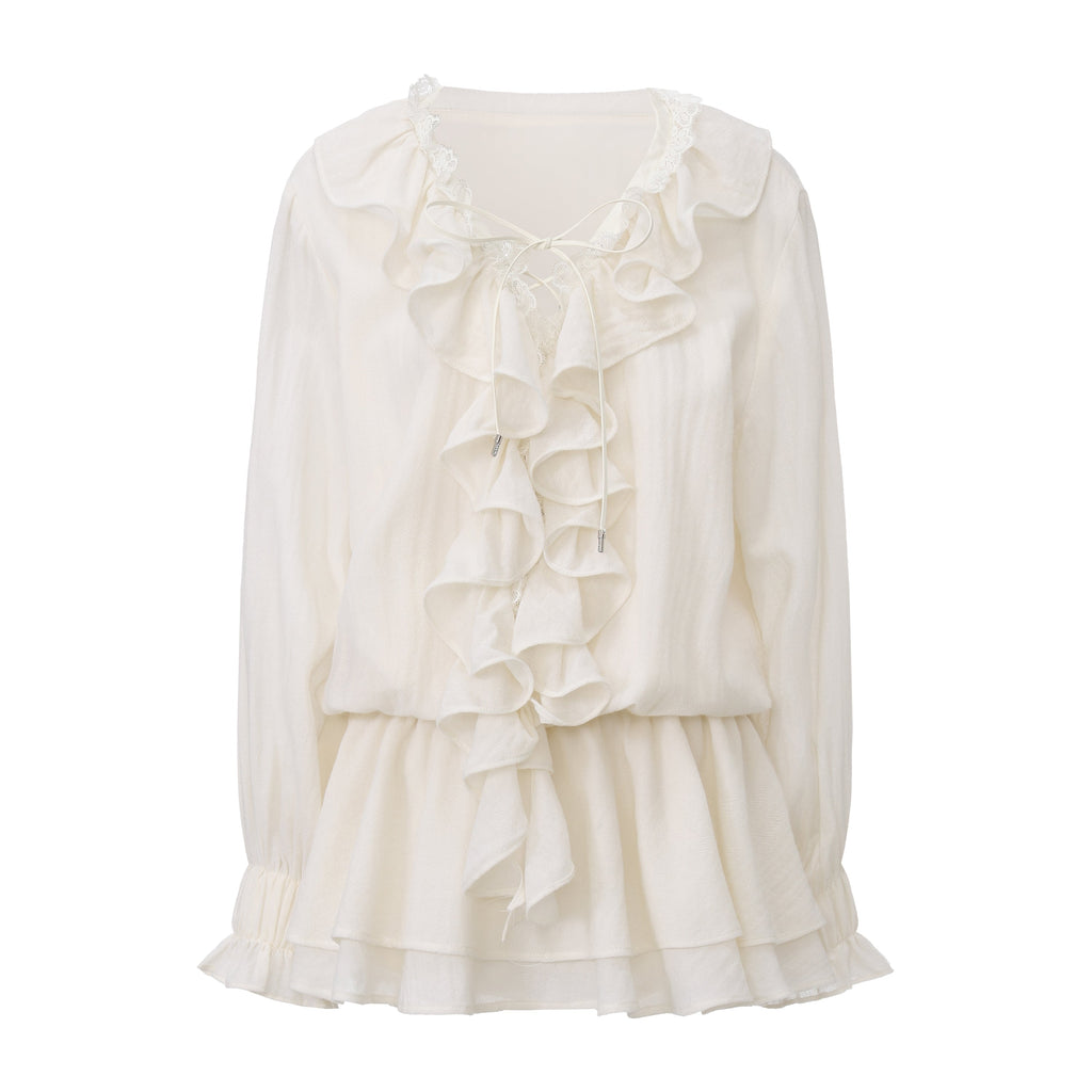 White V-Neck Lace Ruffle Panel Tie Dress