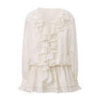 White V-Neck Lace Ruffle Panel Tie Dress
