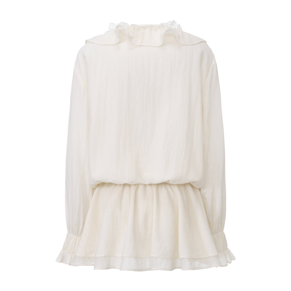 White V-Neck Lace Ruffle Panel Tie Dress