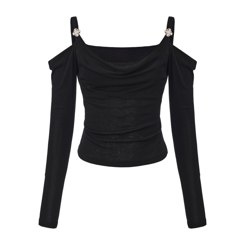 Black Off-The-Shoulder Draped Halter Long-Sleeve Top