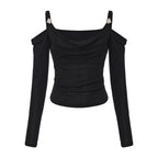 Black Off-The-Shoulder Draped Halter Long-Sleeve Top