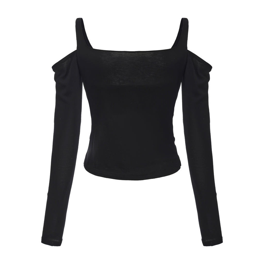 Black Off-The-Shoulder Draped Halter Long-Sleeve Top