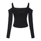 Black Off-The-Shoulder Draped Halter Long-Sleeve Top