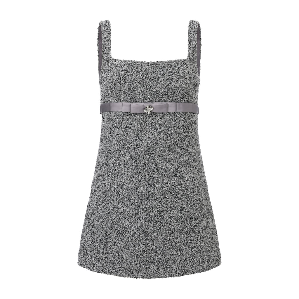 Gray Square-Necked Bow Woolen Dress