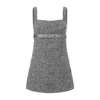 Gray Square-Necked Bow Woolen Dress