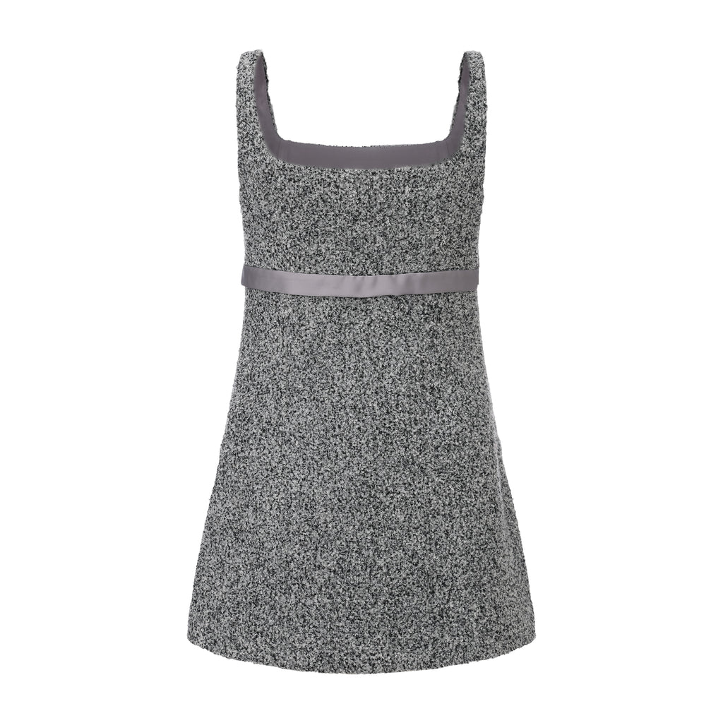 Gray Square-Necked Bow Woolen Dress