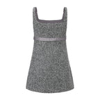 Gray Square-Necked Bow Woolen Dress