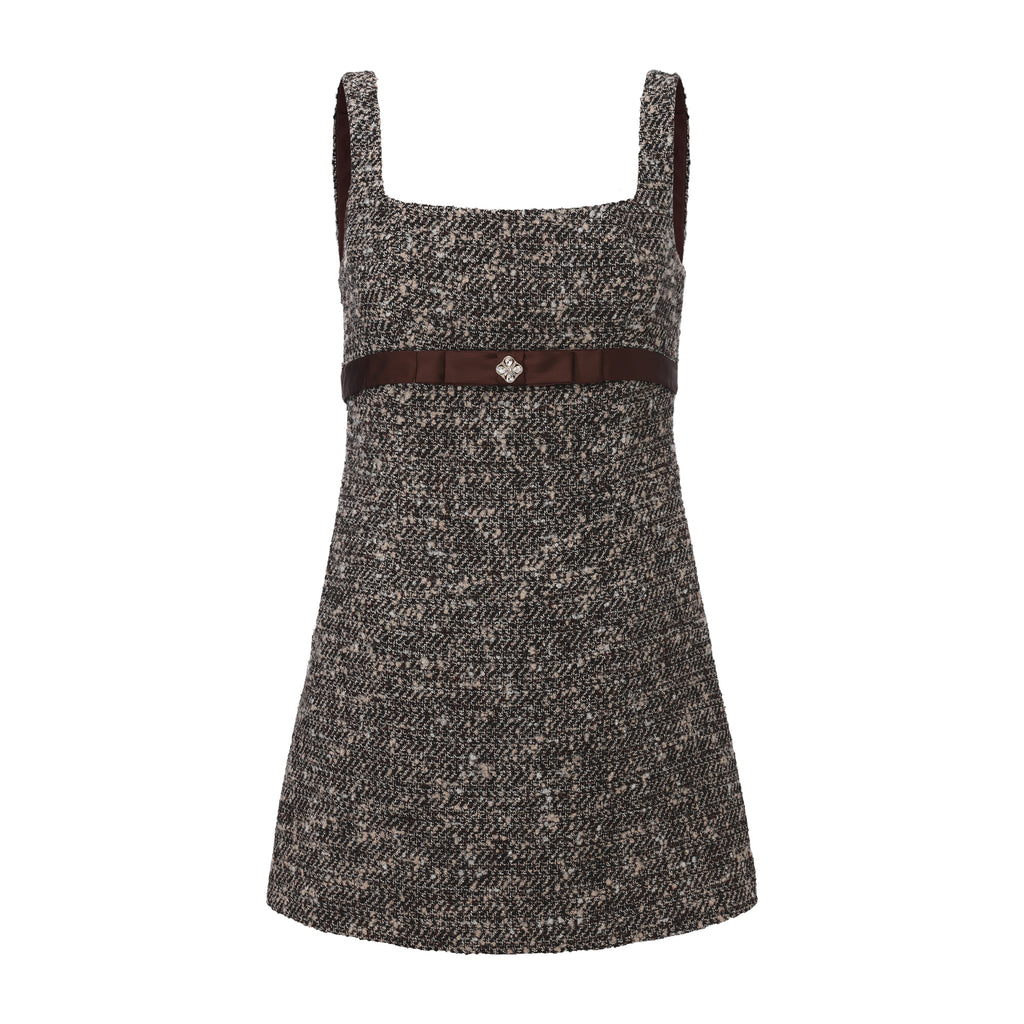 Brown Square-Necked Bow Tweed Dress