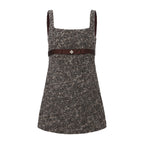Brown Square-Necked Bow Tweed Dress