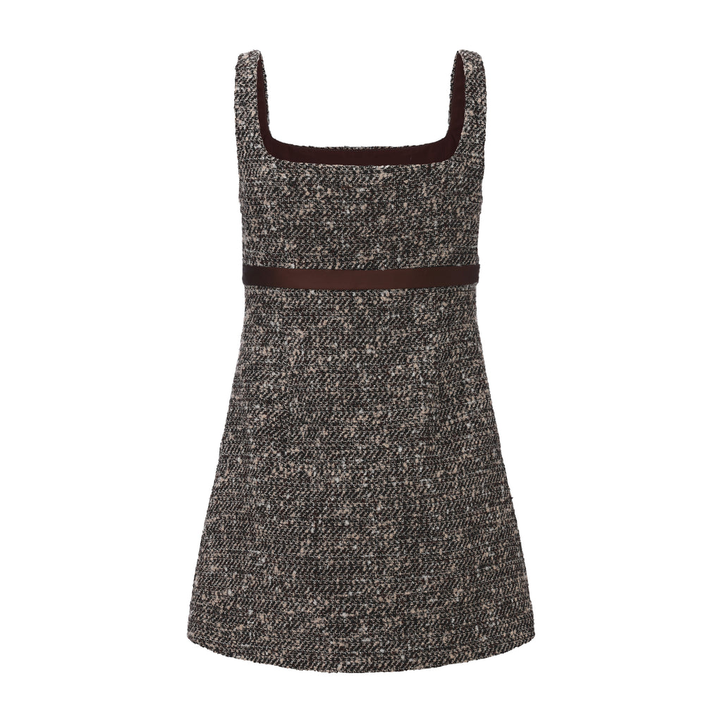 Brown Square-Necked Bow Tweed Dress