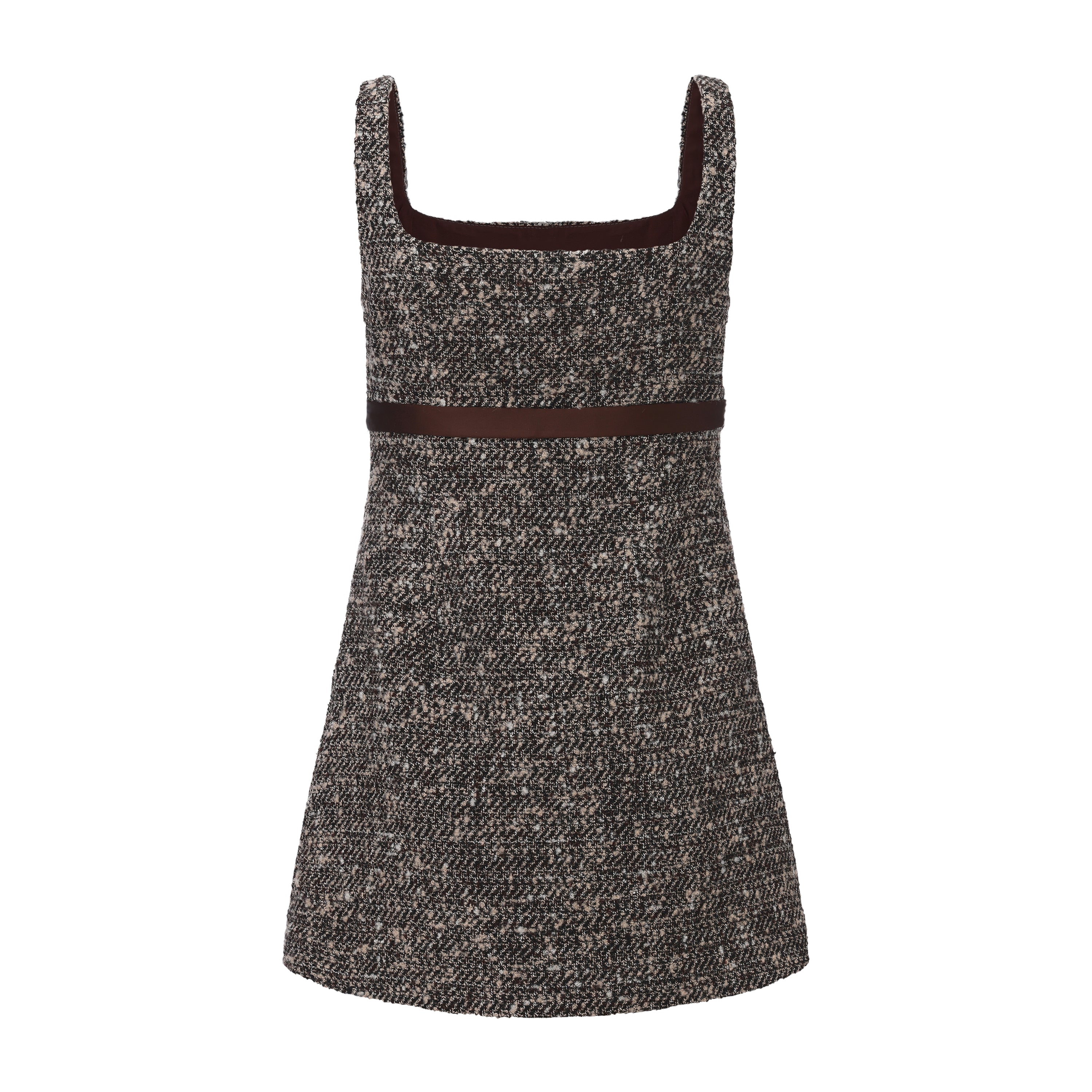Brown Square-Necked Bow Tweed Dress