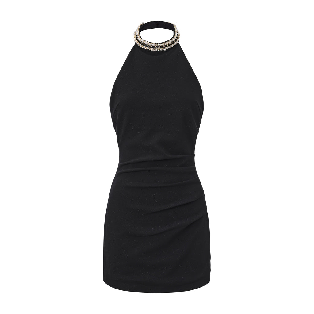 Black Halter Beaded Ruched Dress