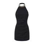 Black Halter Beaded Ruched Dress