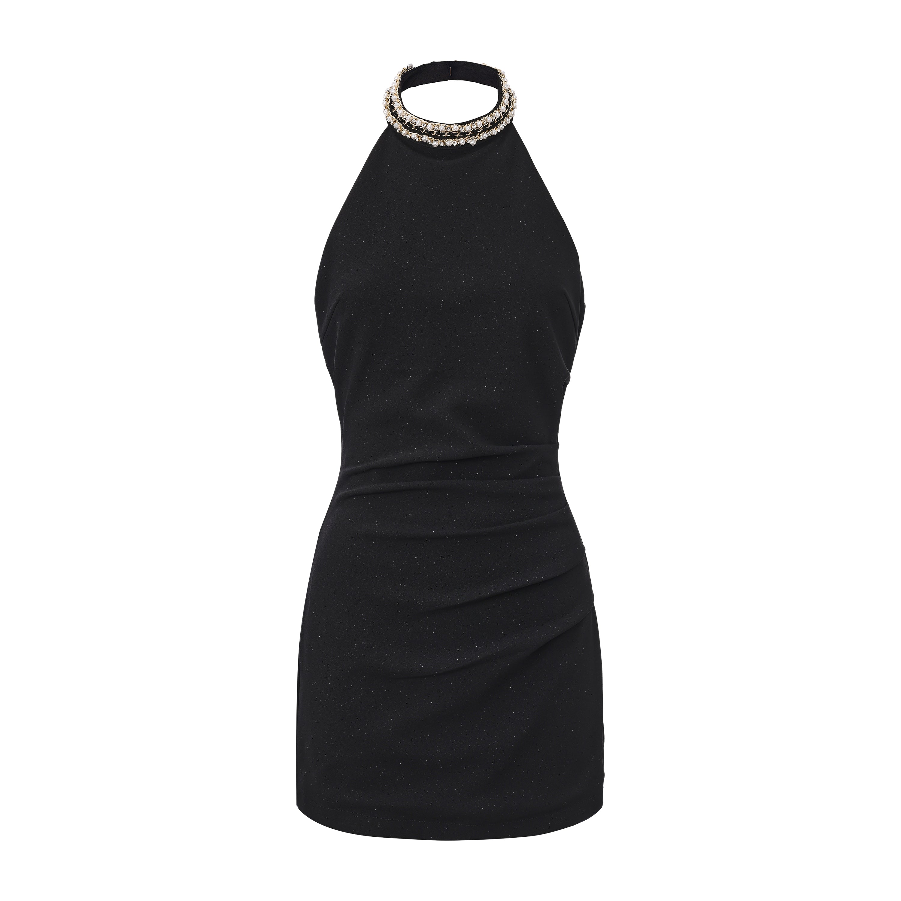 Black Halter Beaded Ruched Dress