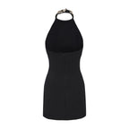 Black Halter Beaded Ruched Dress