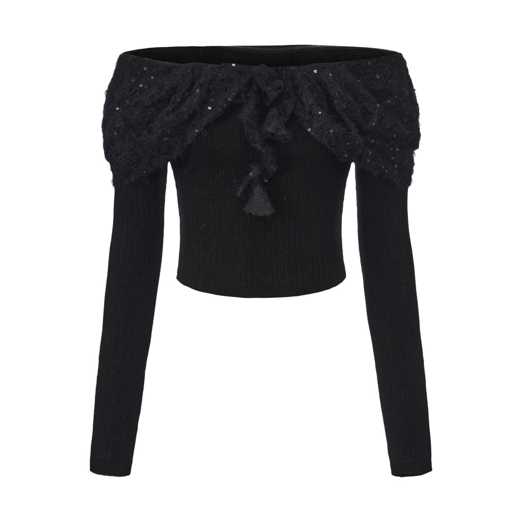 Black Knitted Lace Off-The-Shoulder Top