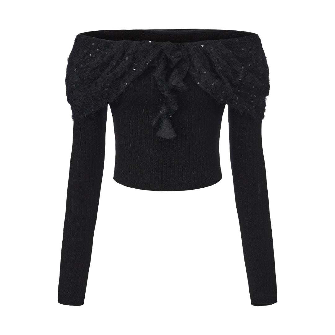 Black Knitted Lace Off-The-Shoulder Top