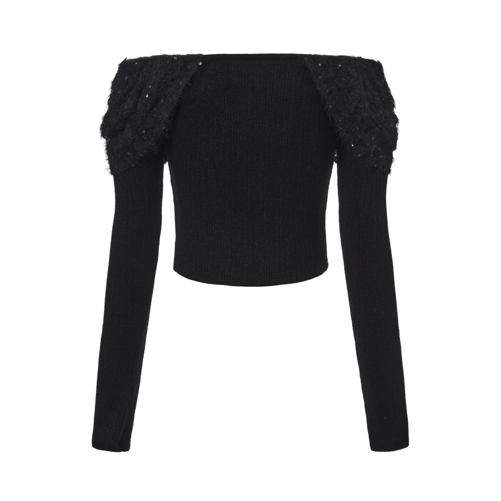 Black Knitted Lace Off-The-Shoulder Top