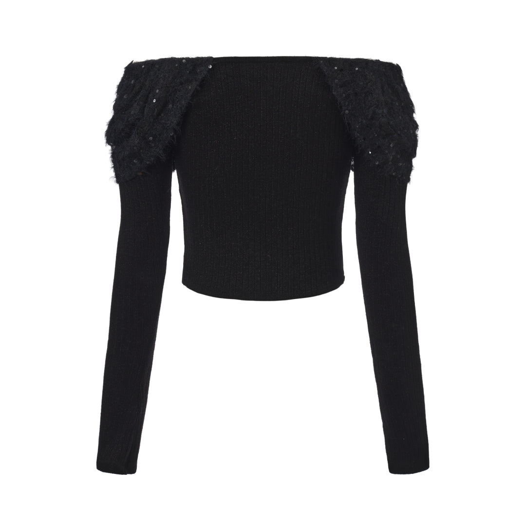 Black Knitted Lace Off-The-Shoulder Top