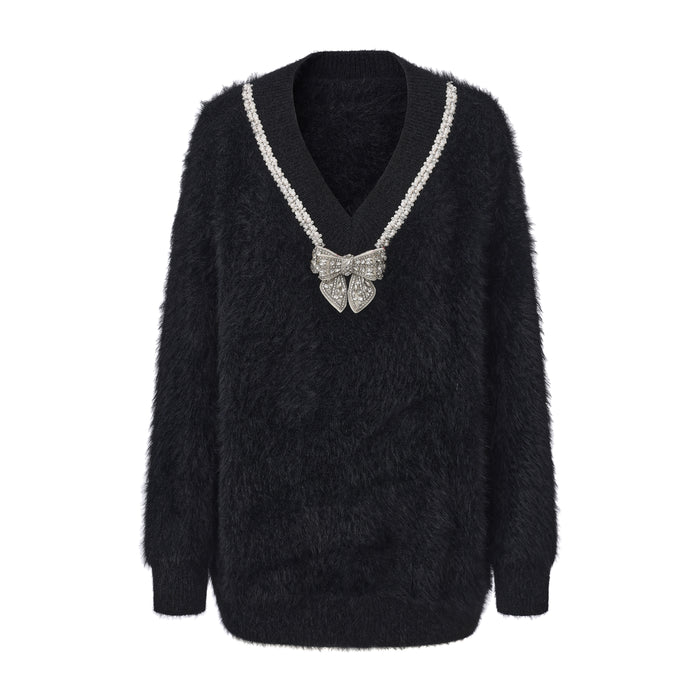 Black Bow Draped Chain Sweater