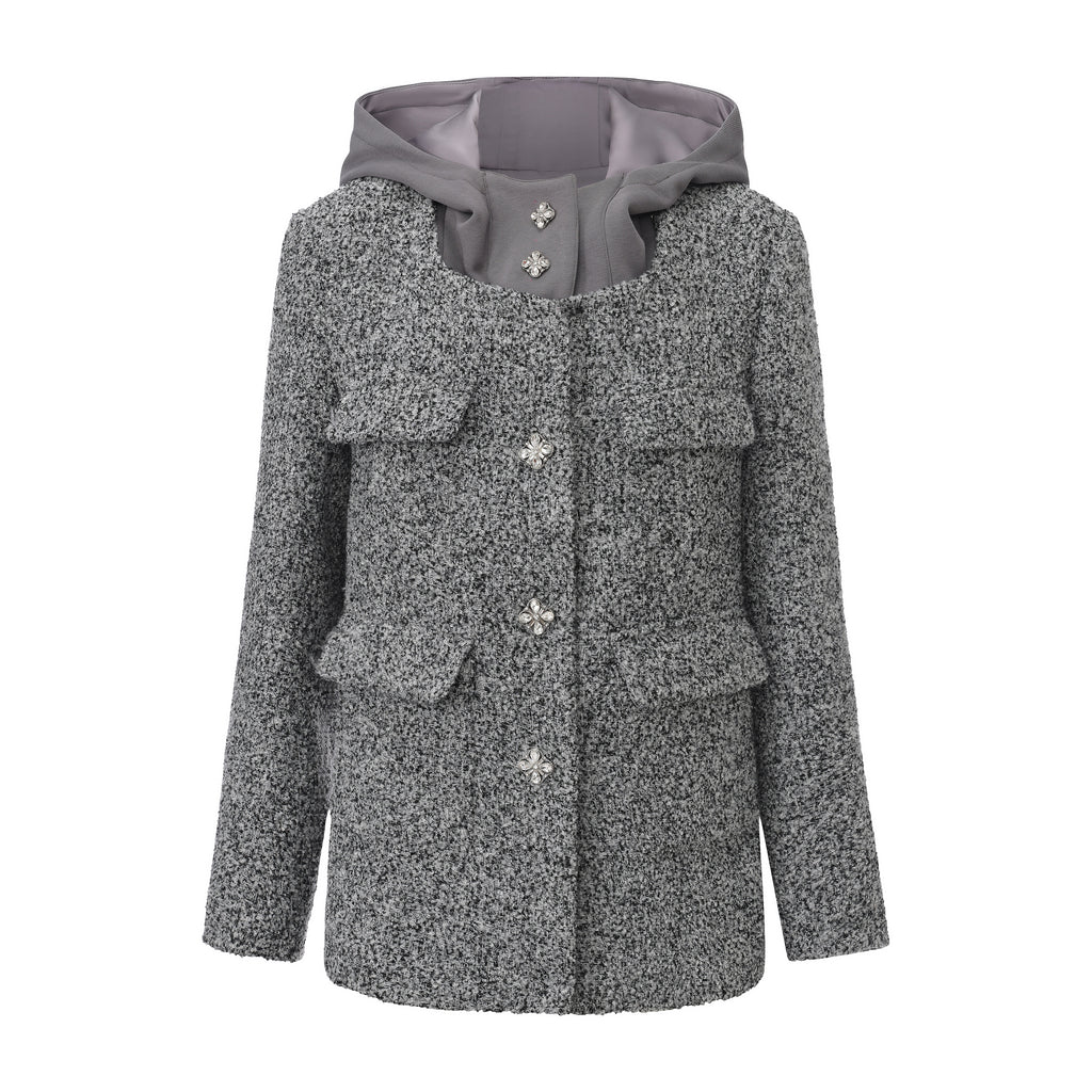 Gray Detachable Square-Necked Tweed Coat