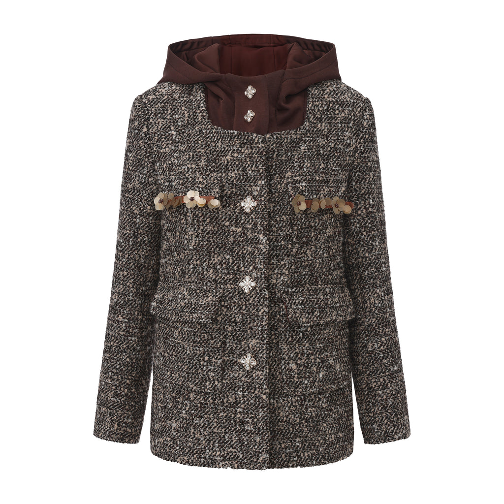 Brown Detachable Square-Necked Tweed Coat