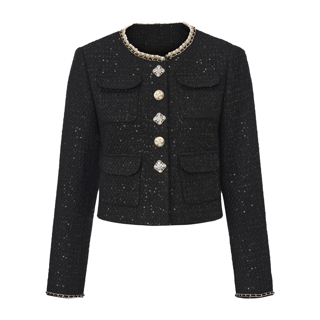 Black Round-Necked Small Fragrance Coat With Pockets