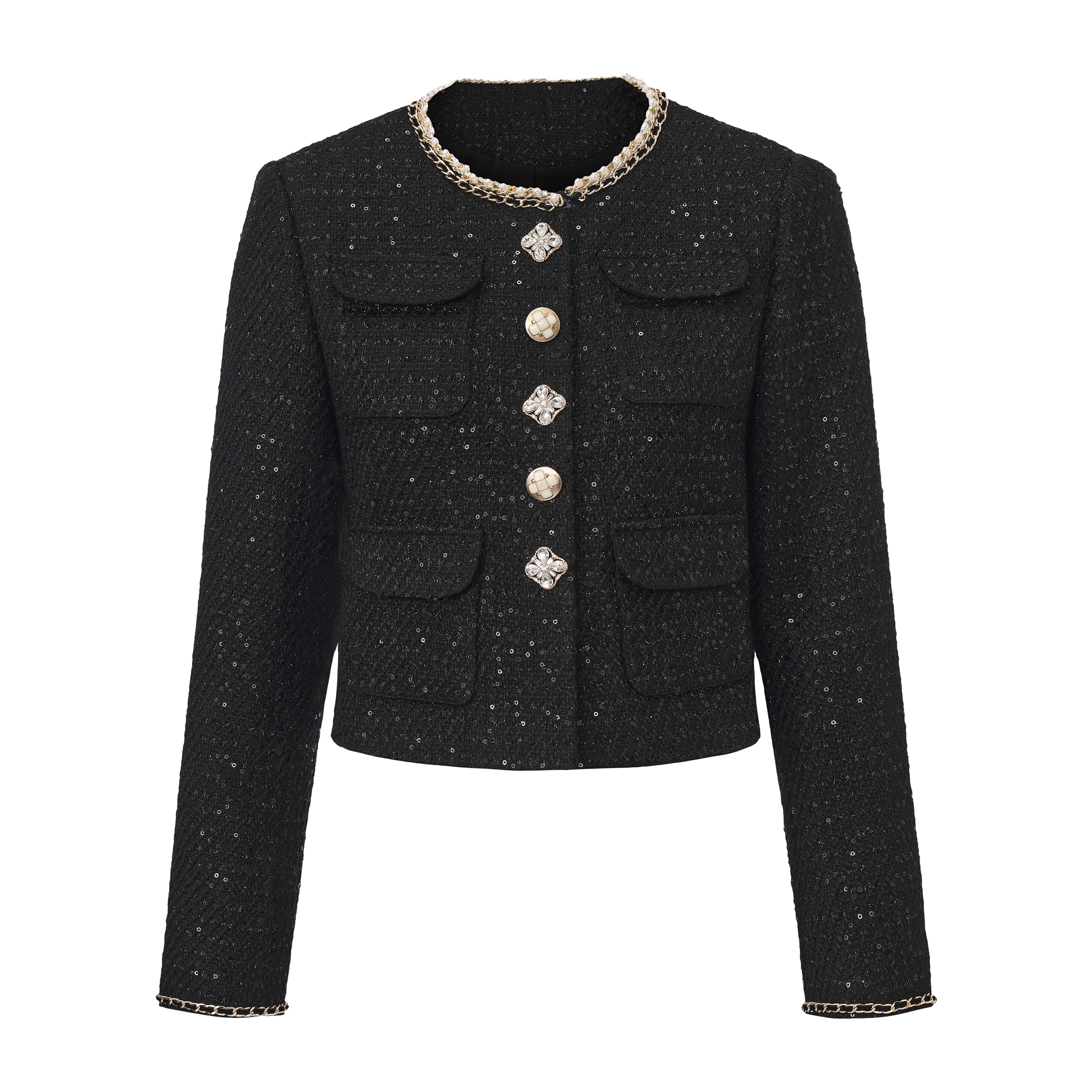 Black Round-Necked Small Fragrance Coat With Pockets