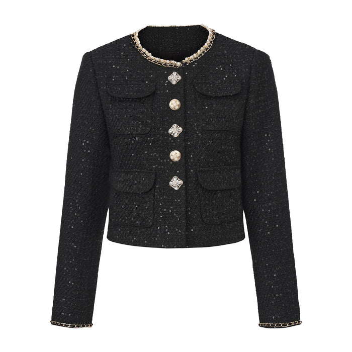 Black Round-Necked Small Fragrance Coat With Pockets