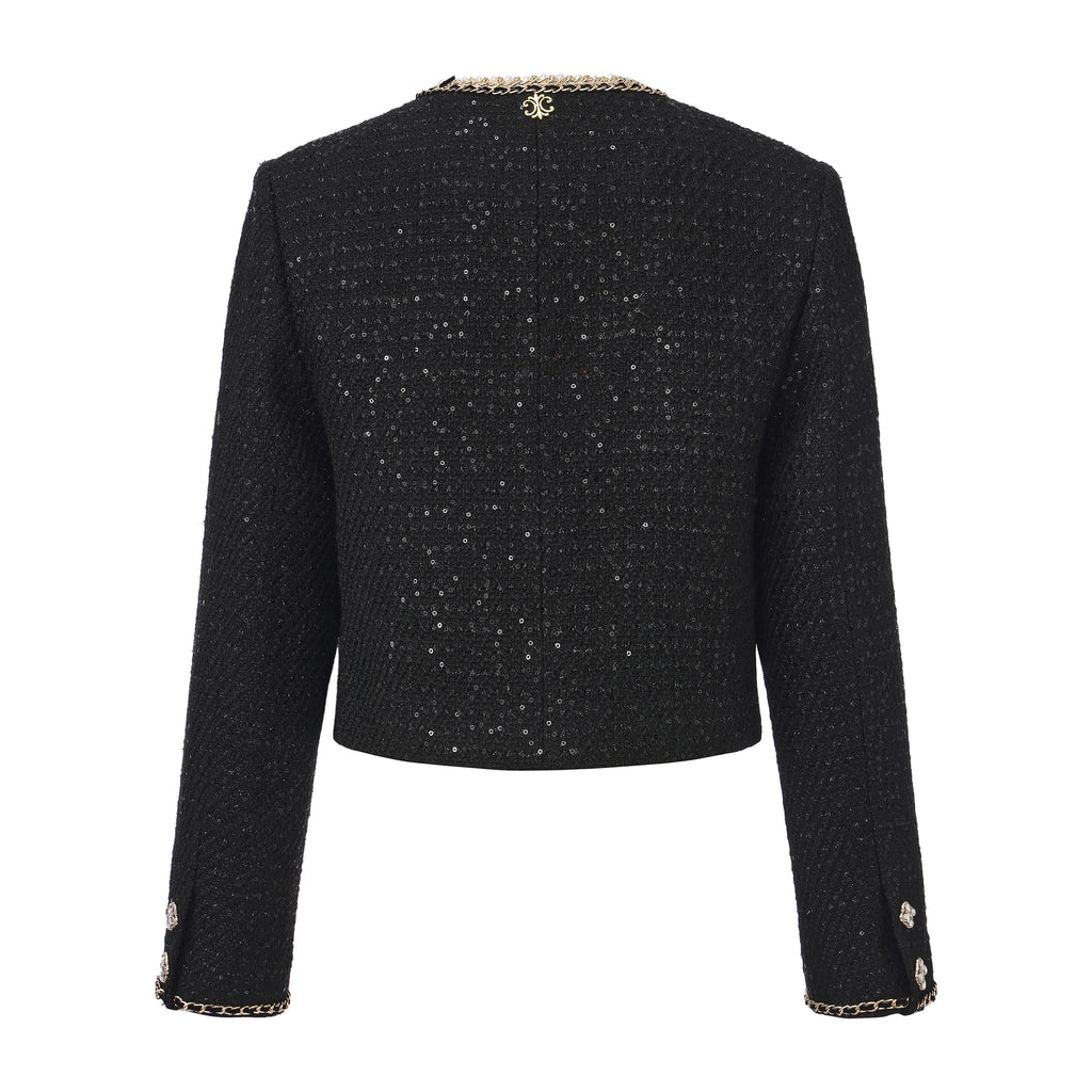 Black Round-Necked Small Fragrance Coat With Pockets