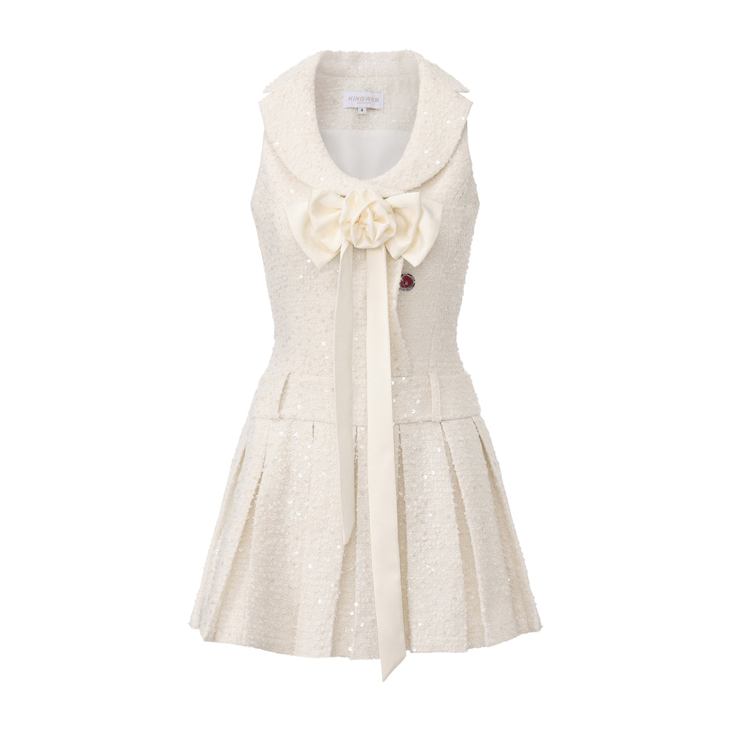 White Tweed Pleated Dress