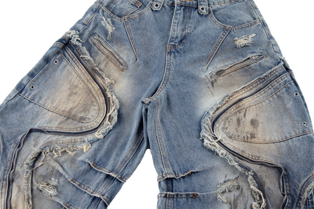 Baggy Curved Wave Distressed Denim Pants