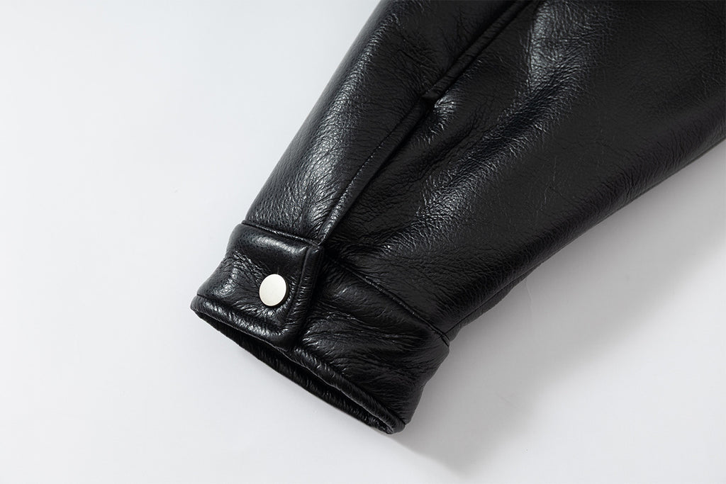 Fleeced Faux Leather Hooded Zip-Up Funnel Jacket