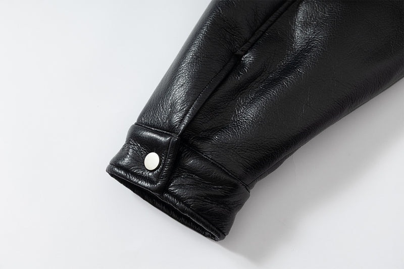 Fleeced Faux Leather Hooded Zip-Up Funnel Jacket