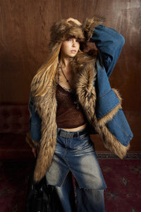 Faux Fur Dropped Shoulder Denim Coat