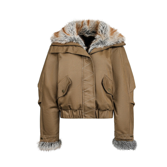 Brown Faux Fur Cropped Funnel Jacakets